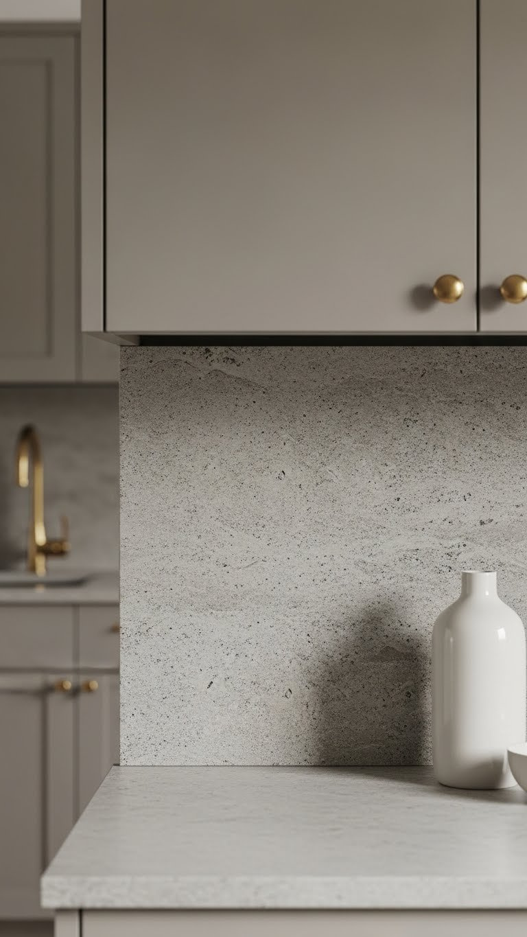 Honed slate natural stone backsplash with matte finish and subtle texture above light stone countertop in kitchen