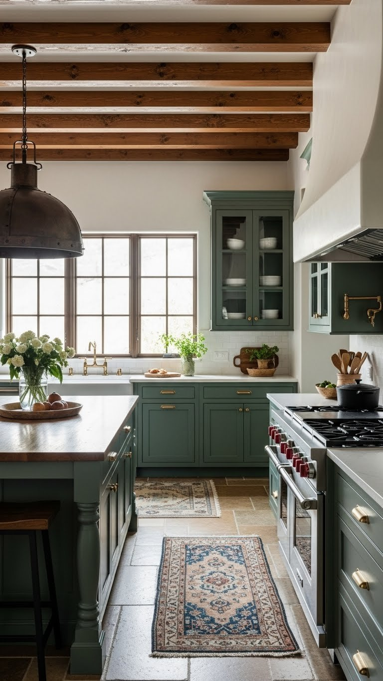Hunter green kitchen cabinets with dark wood beams and wrought iron pendant light in elegant rustic setting