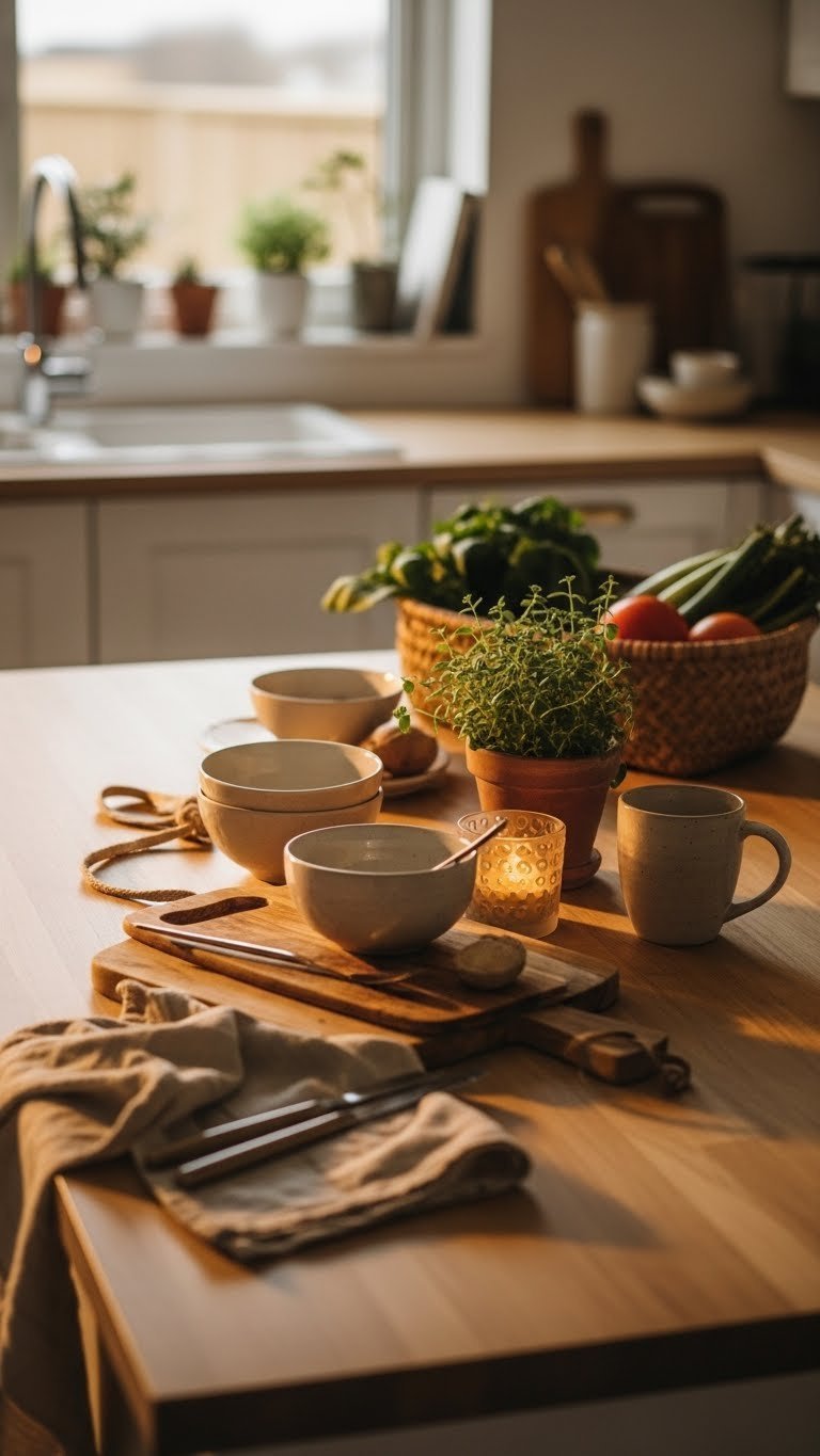 Hygge-inspired Scandi kitchen island styled with wooden boards, ceramic bowls, and cozy natural textures