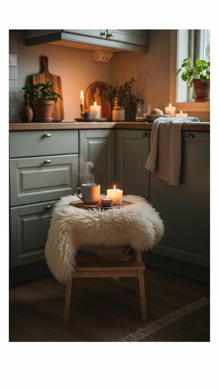Hygge-inspired sage green kitchen corner with sheepskin throw, candles, and cozy seating