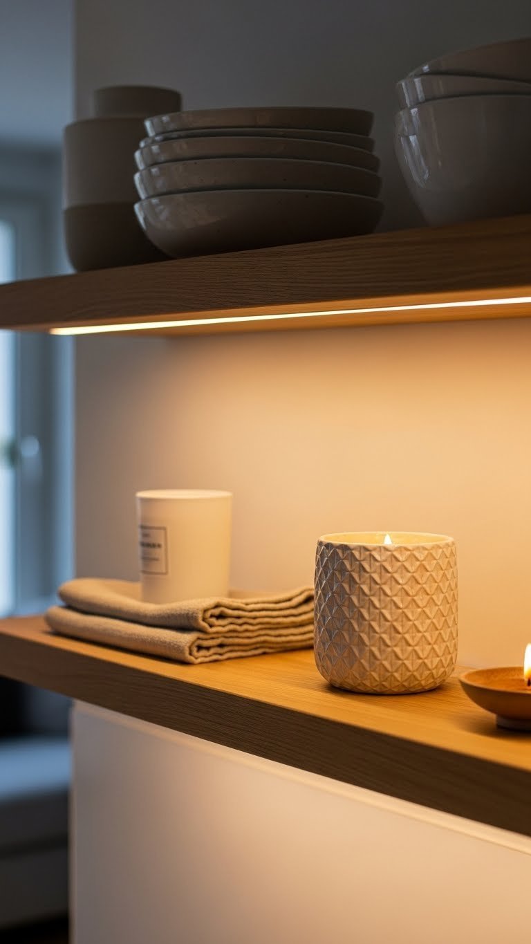 Hygge scandi kitchen shelf decor with warm LED lighting, ceramic candle, and cozy textiles creating inviting atmosphere