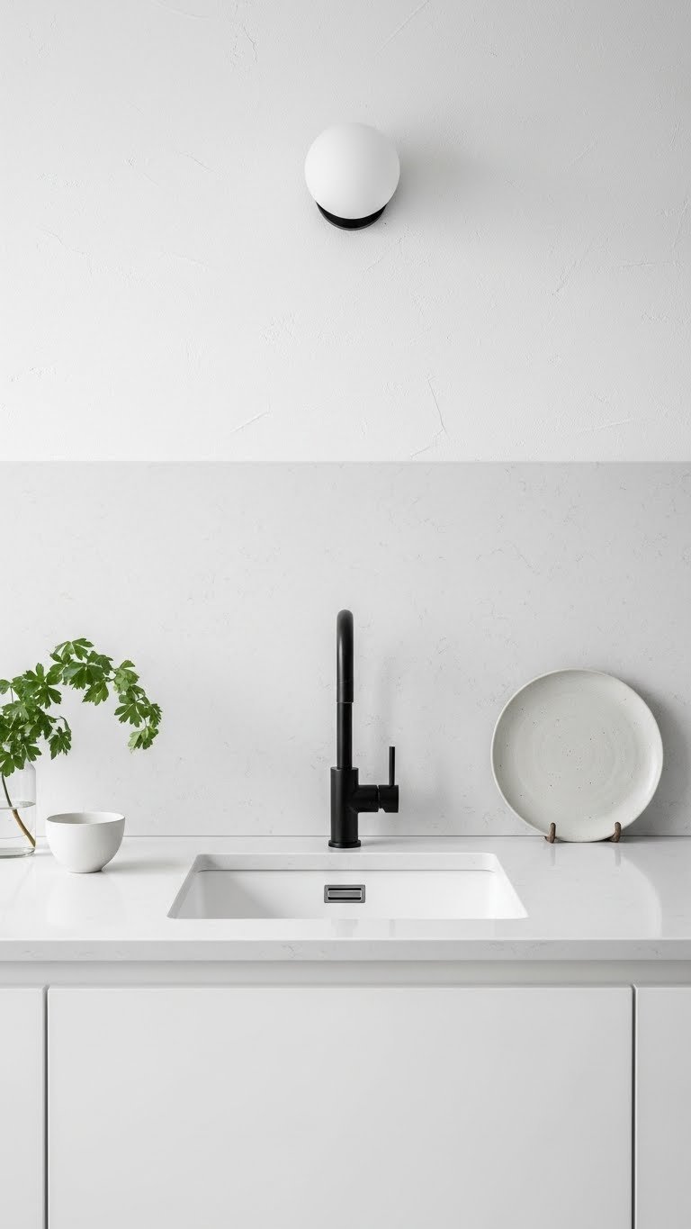 Hyper-minimalist small kitchen with solid-color white quartz countertops and clean handleless cabinet design.