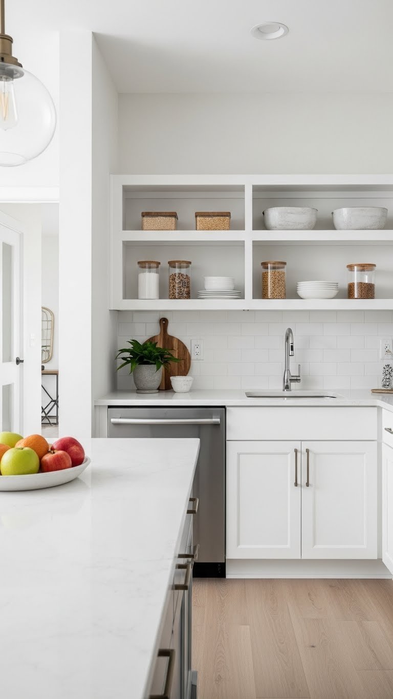 Butlers Pantry Ideas: Ultimate Plan, Design, Organize 1 Hyperrealistic butlers pantry with open floor plan, light quartz countertop, modern appliances, and organized shelves, showcasing efficient layout.