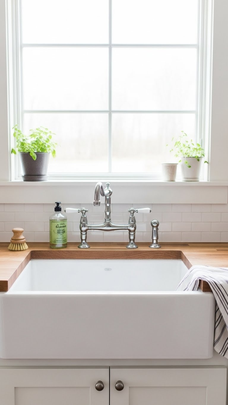 Iconic white farmhouse sink with rustic wooden countertop and gooseneck faucet in kitchen setting