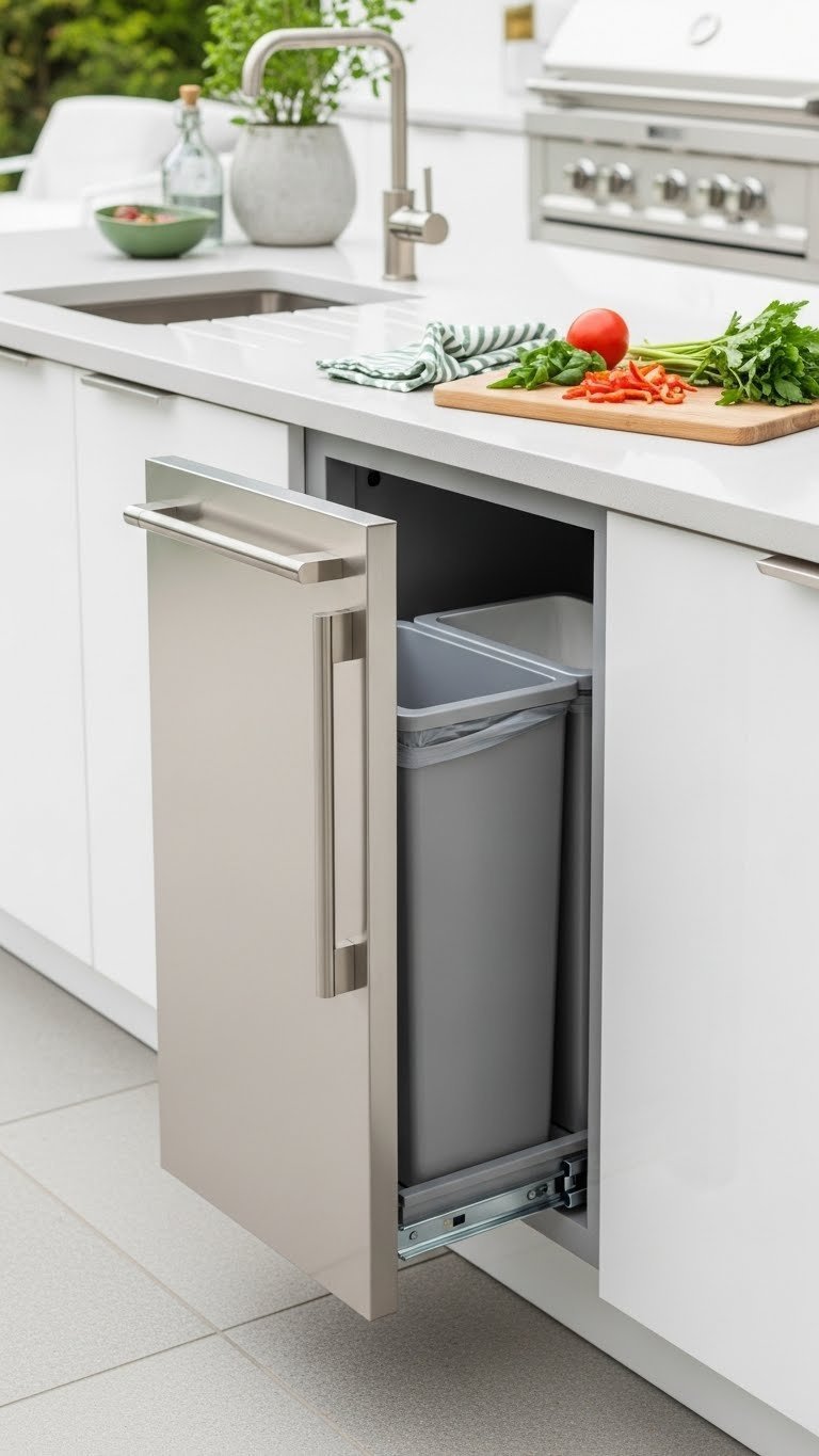 Immaculate outdoor kitchen with integrated roll-out trash and recycling bin system discreetly hidden in stainless steel cabinet.