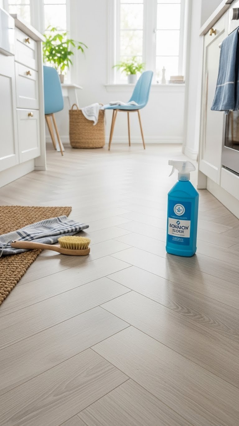 Immaculately clean herringbone floor in Scandinavian kitchen with floor brush and natural cleaning supplies
