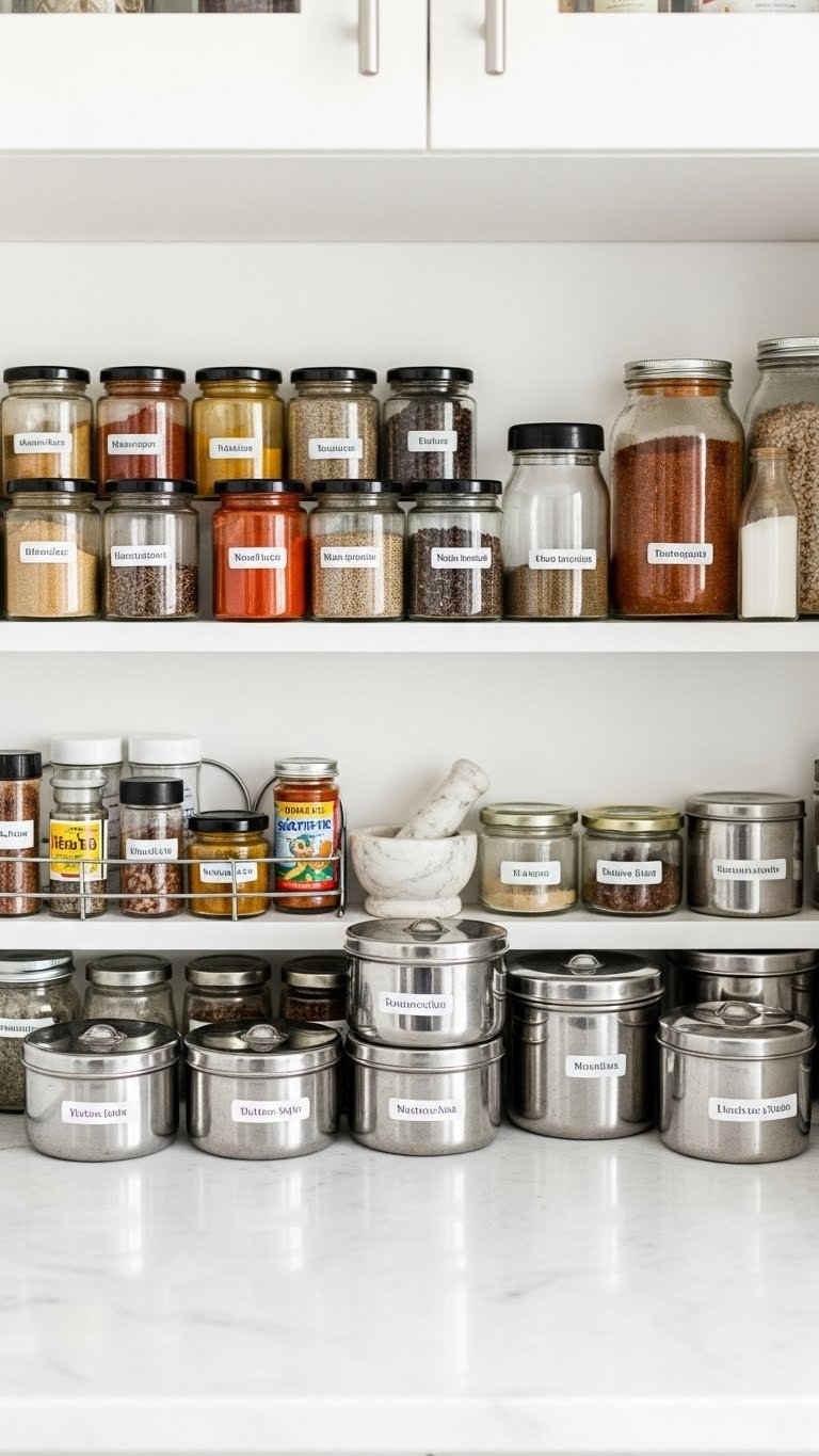 Small Indian Pantry: 7 Smart Organization &Amp; Design Ideas 5 Immaculately organized Indian spice hub with vibrant masala dabbas, glass jars, and a tiered rack on a marble countertop.