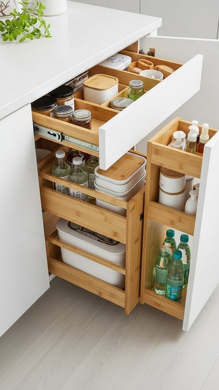 Immaculately organized kitchen cabinet interior with pull-out organizers and stackable containers for decluttering.