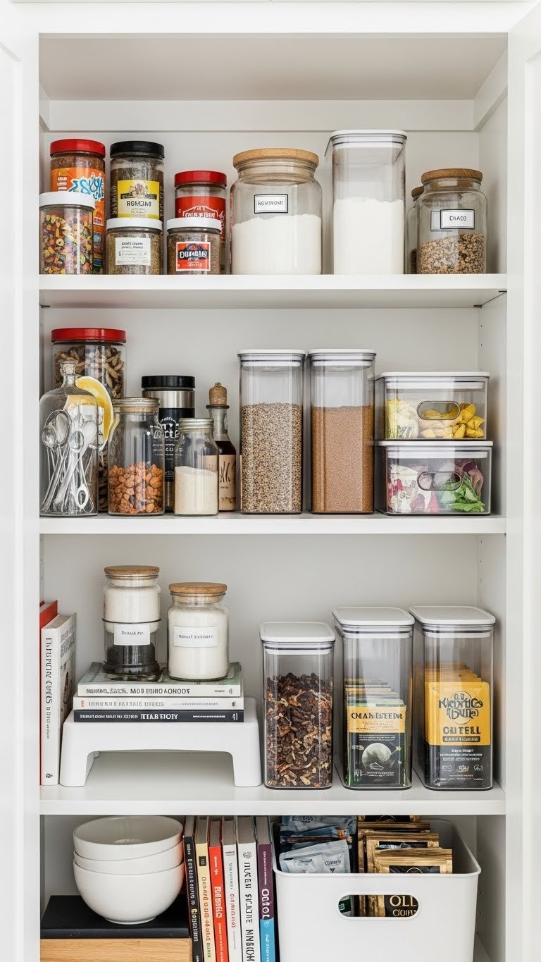 Immaculately organized pantry shelf with stackable bins and food canisters