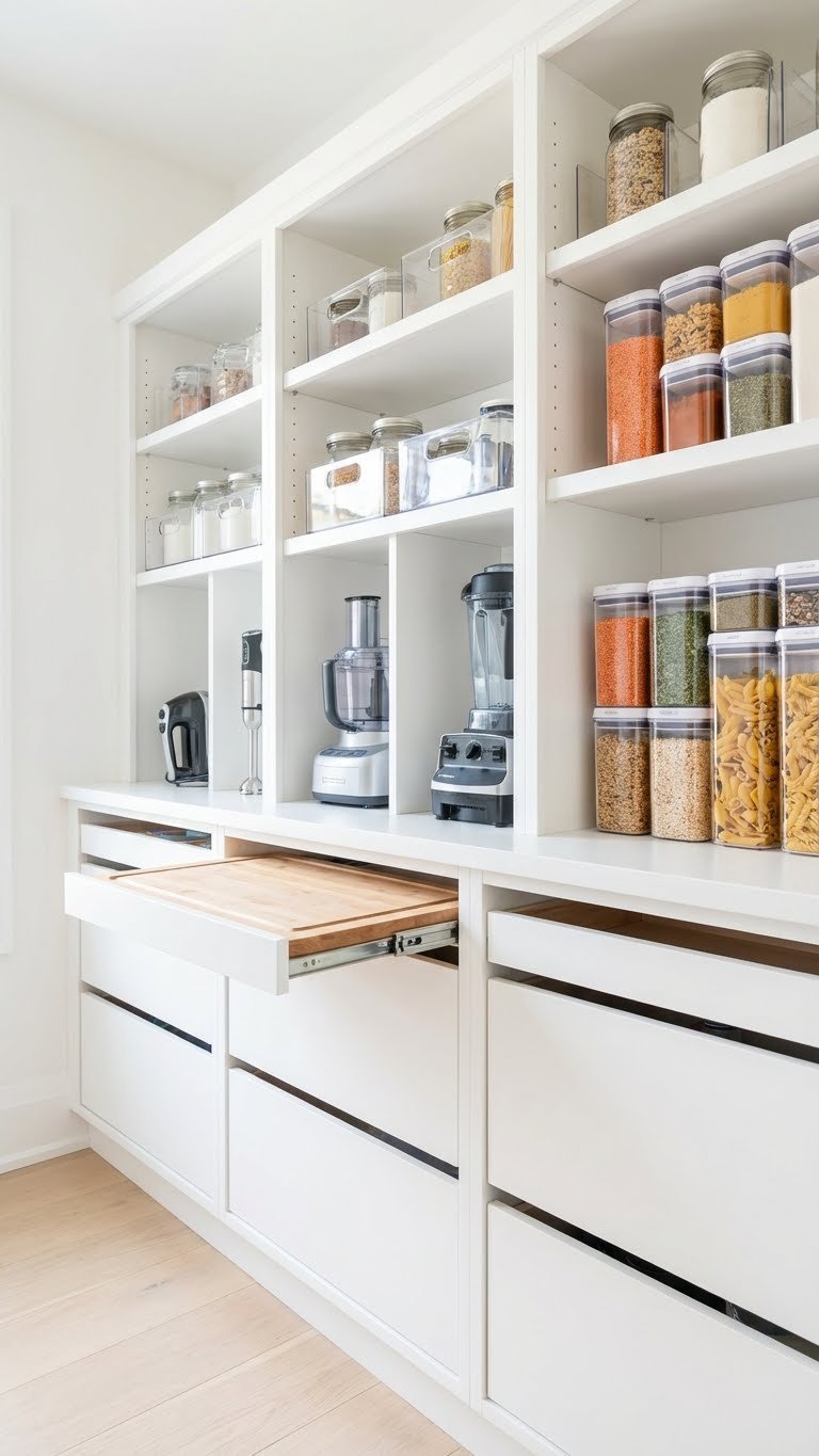 11 Essential Appliance Garage Pantry Ideas To Declutter 15 Immaculately organized pantry with custom shelves and drawers, housing a hand mixer, food processor, and blenders.