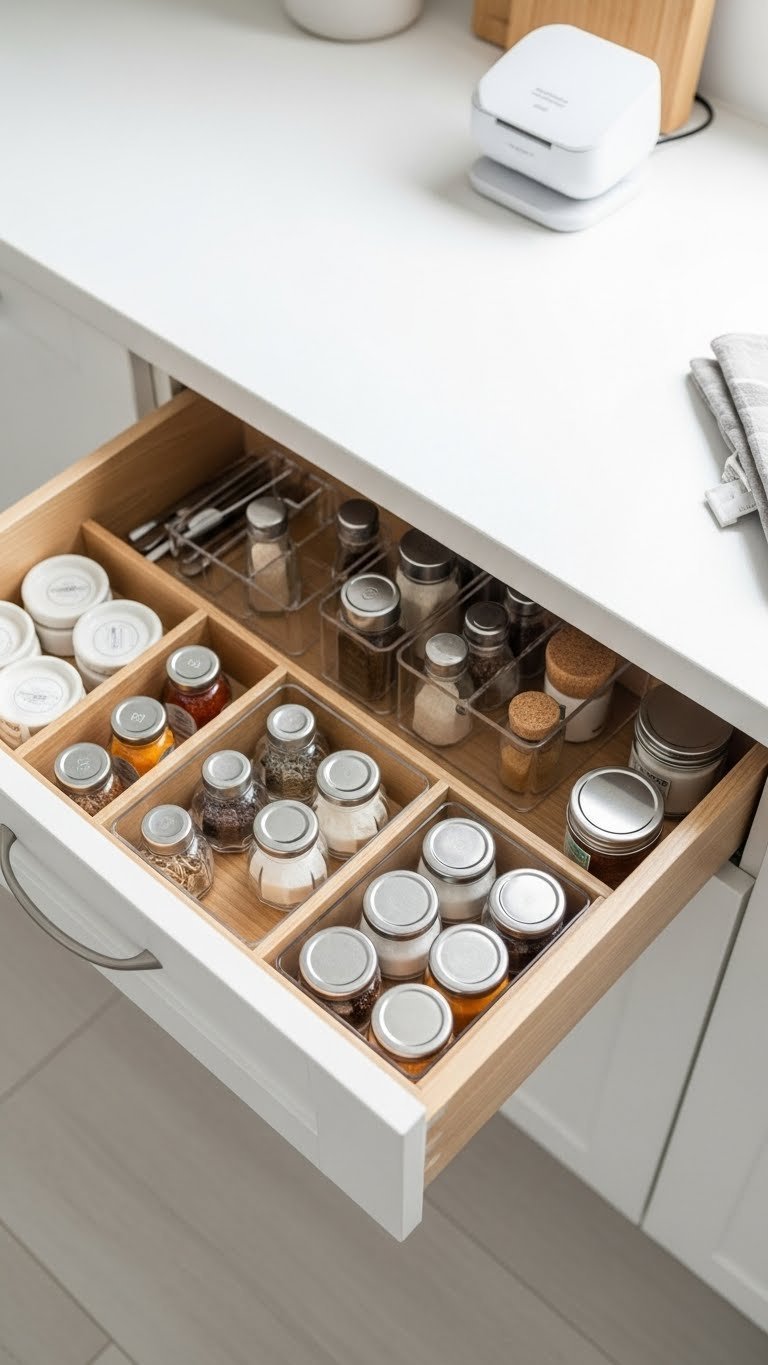 Impeccably organized Scandinavian pantry drawer with wooden dividers and clear acrylic organizers for spices and baking ingredients