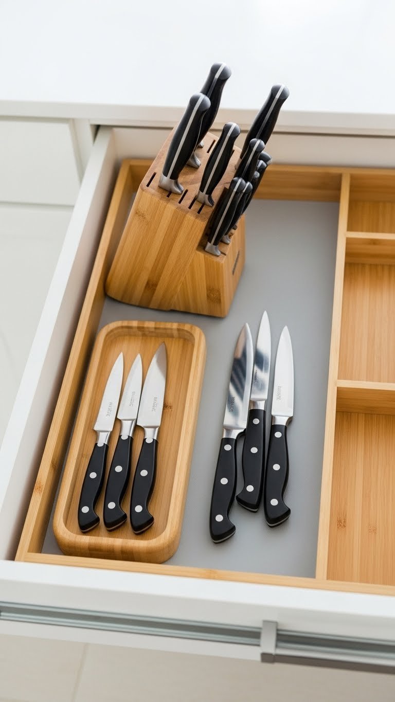 In-drawer bamboo knife block with chef's knives neatly slotted for safe storage and professional kitchen organization