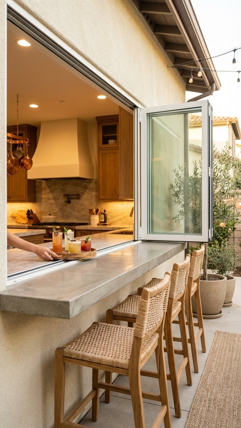 Outdoor Kitchen Patio Ideas 11 Proven Designs For Any Space 17 Indoor-outdoor kitchen with pass-through window creating continuous countertop bar