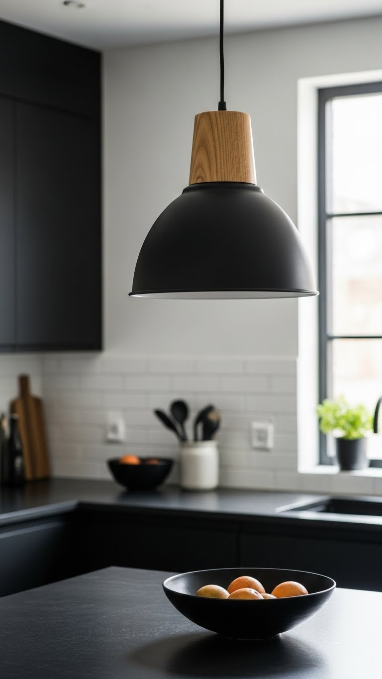 Industrial black and wood pendant light with matte black metal shade over dark quartz island