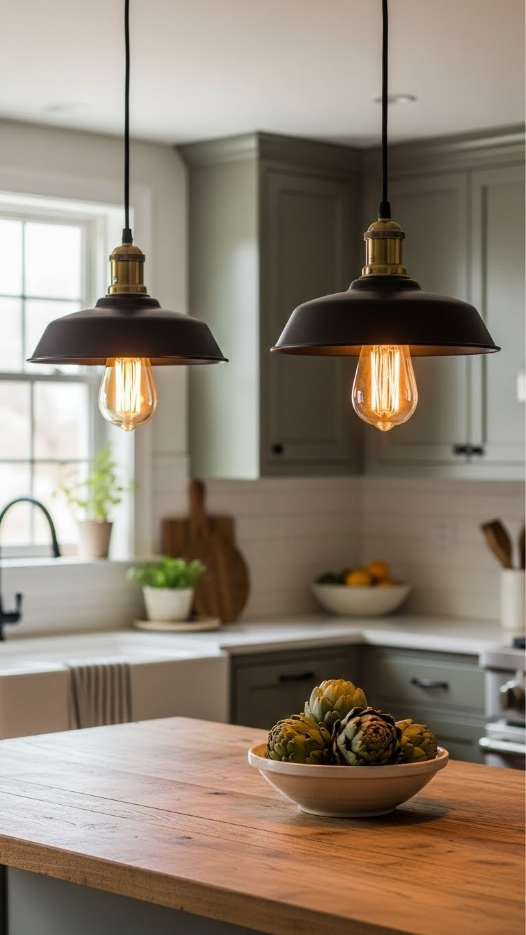 Industrial black metal pendant lights with glowing Edison bulbs hanging over rustic wooden kitchen island