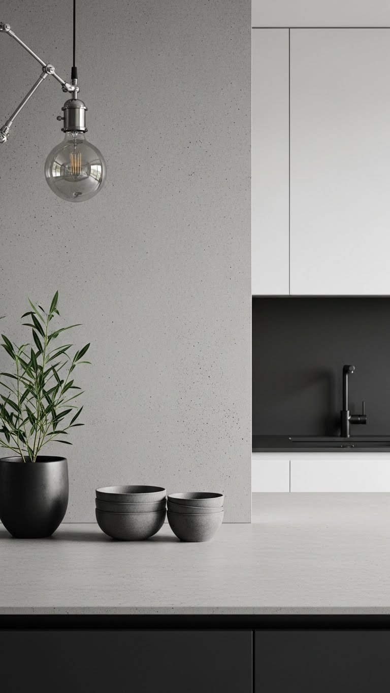 Industrial-chic concrete finish kitchen accent wall with smooth matte gray texture