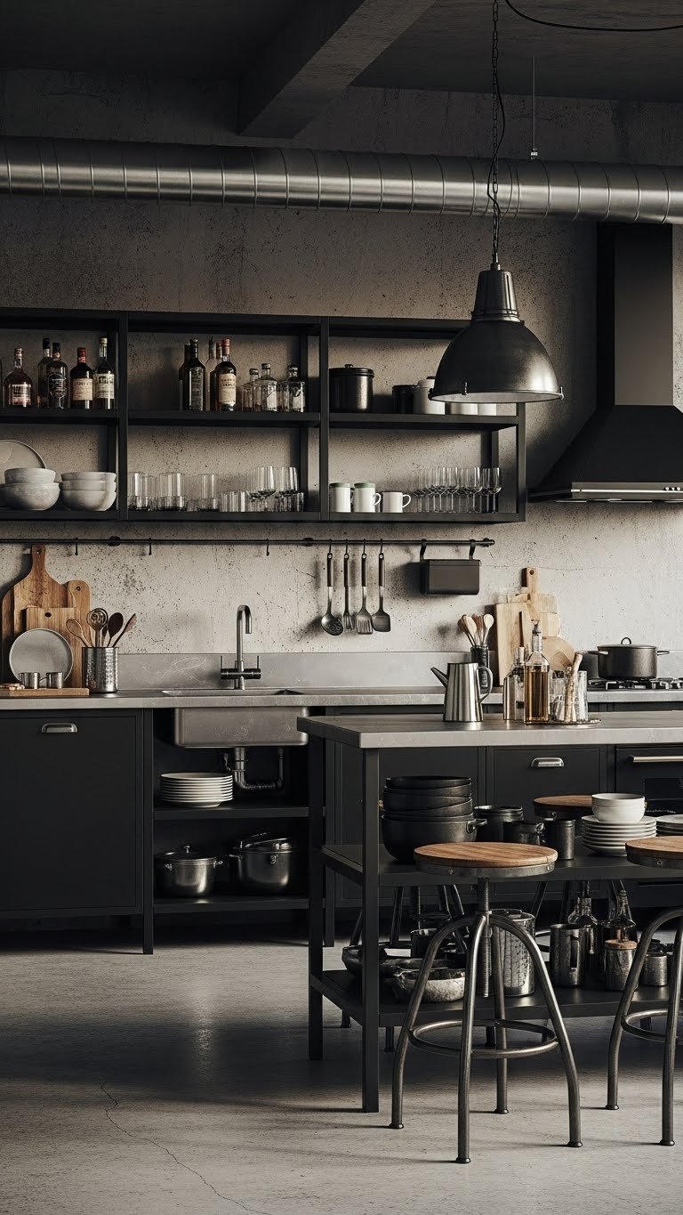 Industrial chic single-wall kitchen with exposed brick wall, black metal shelving, and stainless steel countertop