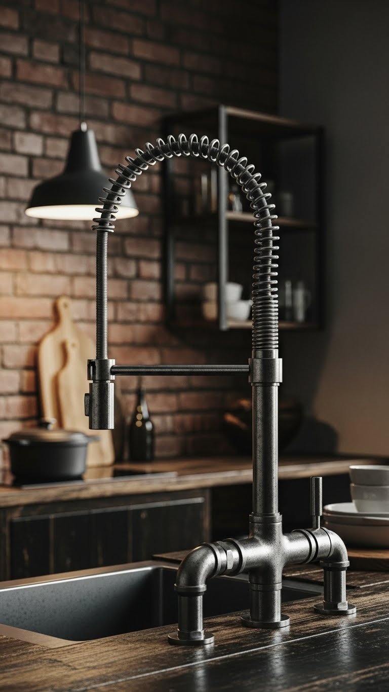 Industrial dark brushed metal kitchen tap against exposed brick wall with dramatic shadows and utilitarian Scandinavian aesthetic.