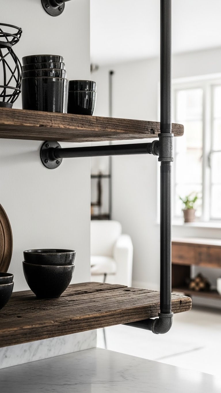 Industrial eclectic kitchen with dark reclaimed wood countertop and exposed black metal piping as open shelving brackets. Unique design.