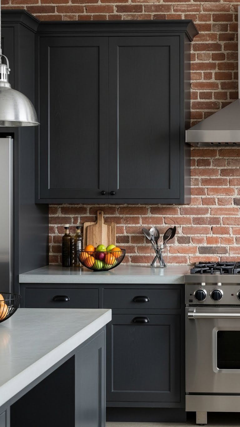Industrial kitchen featuring dark gray shaker cabinets, exposed brick walls, and stainless steel appliances with urban vibe