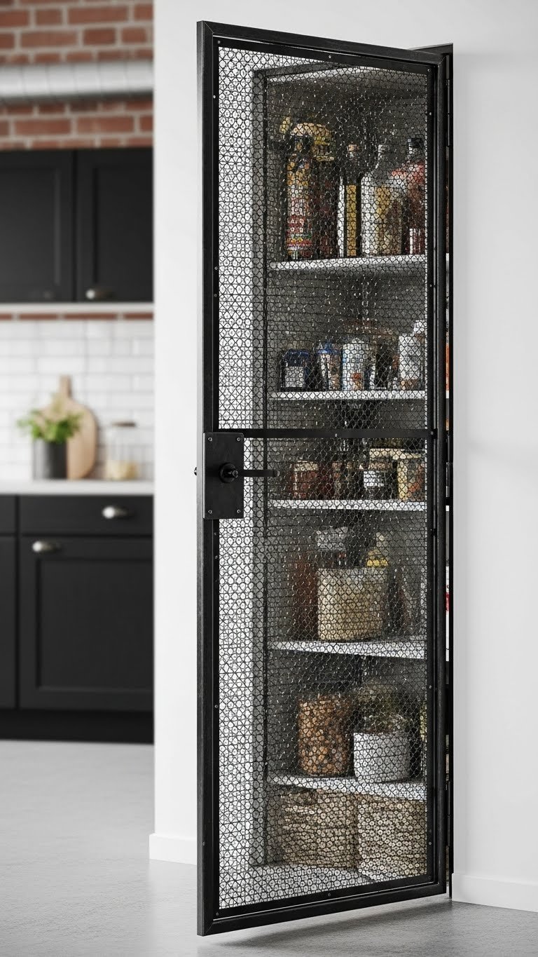 Industrial metal grate pantry door with dark frame shows an organized, minimalist pantry interior in an industrial kitchen.