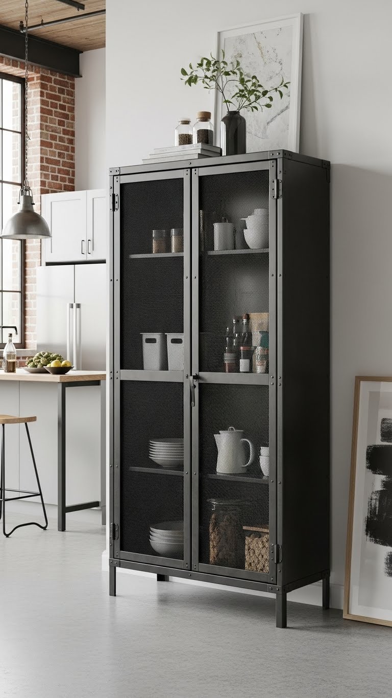 11 Essential Freestanding Pantry Ideas For Every Kitchen 21 Industrial metal pantry with mesh doors in a loft kitchen, organized with bins, showcasing its raw aesthetic.