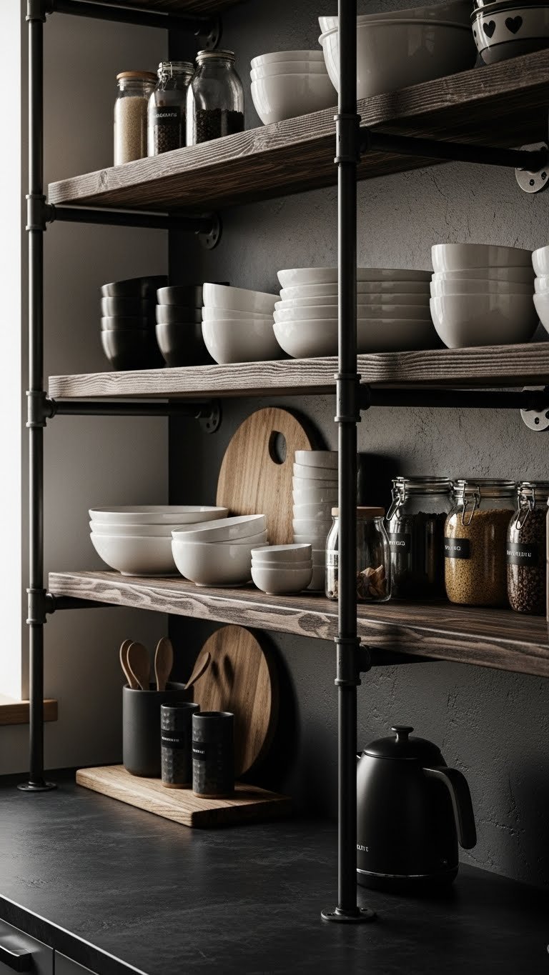 Industrial open shelving with black metal pipe, dark wood shelves, minimalist ceramics, organized spice jars, and a kettle.
