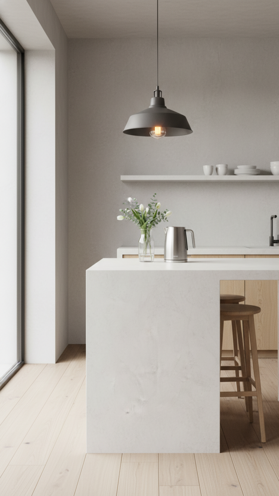 Industrial pendant light fixture illuminating scandi rustic kitchen with natural light streaming through large window