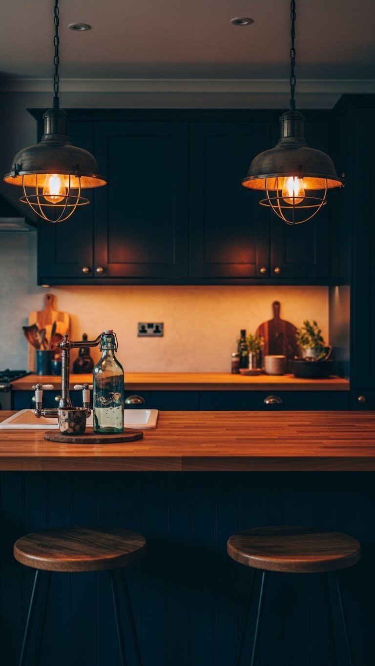 Industrial pendant lights casting warm glow over navy kitchen island with rustic bar stools and ambient lighting