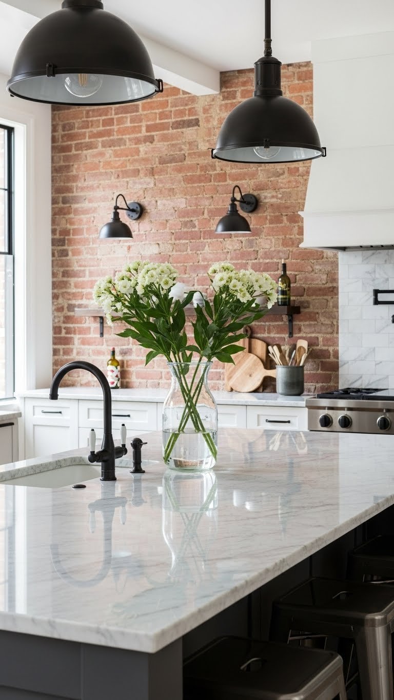 Industrial rustic kitchen featuring polished marble countertops reflecting exposed brick walls and metal pendant lights