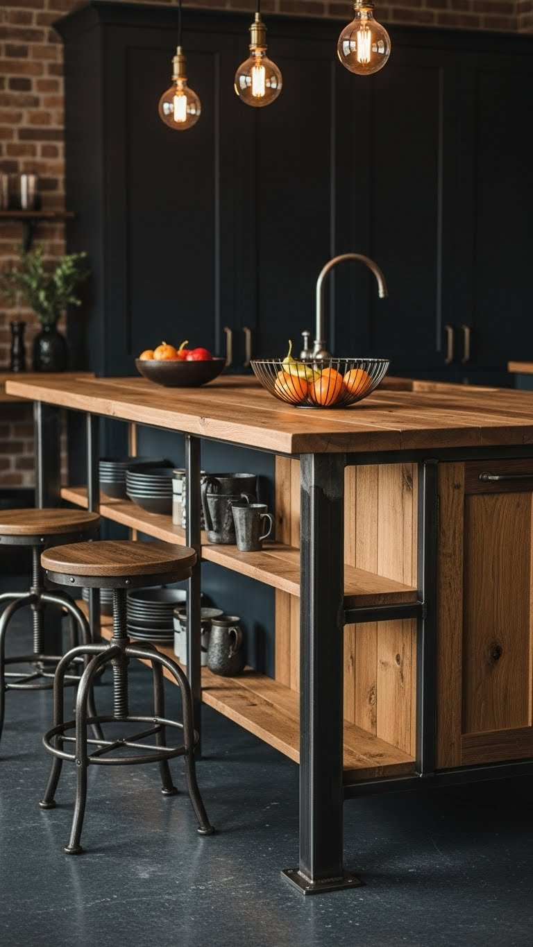 Industrial rustic kitchen island with dark metal accents, warm rough-hewn wood surfaces, vintage factory stools, and dramatic side lighting on concrete floor.