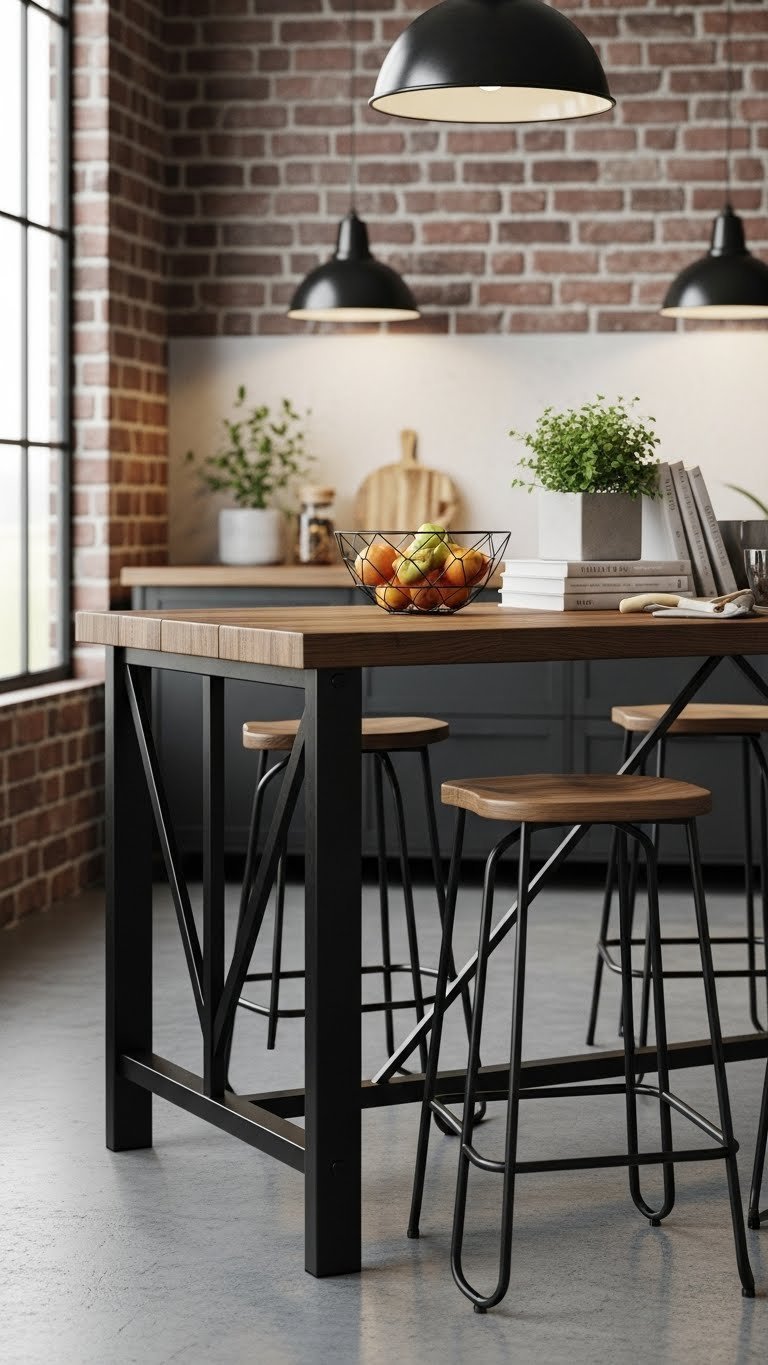 Industrial rustic kitchen island with dark wood top, metal legs, and bar stools on concrete floor