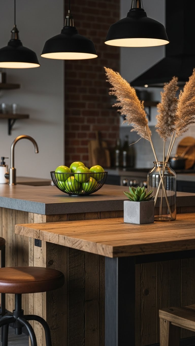 Industrial rustic kitchen island with reclaimed wood and polished concrete countertop under black pendant lighting