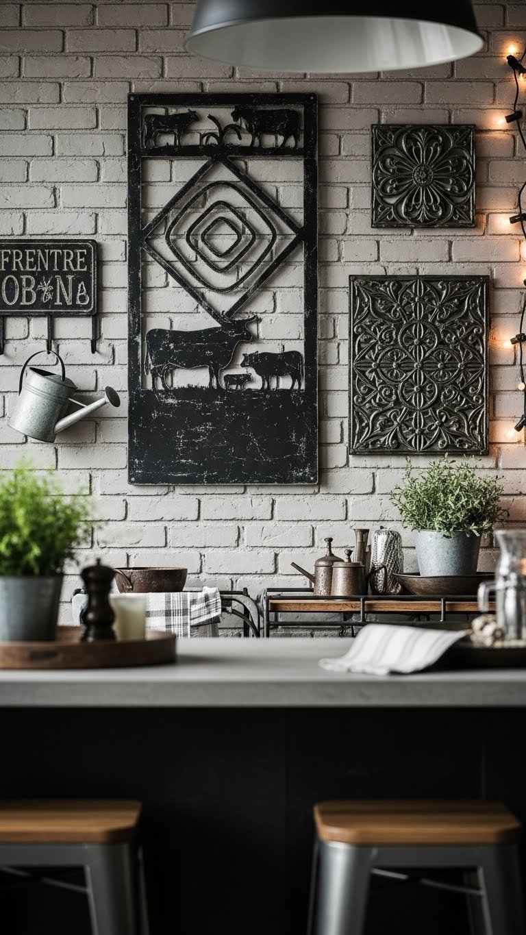 Industrial rustic kitchen wall art featuring distressed black metal farm animal silhouette mounted on light brick wall