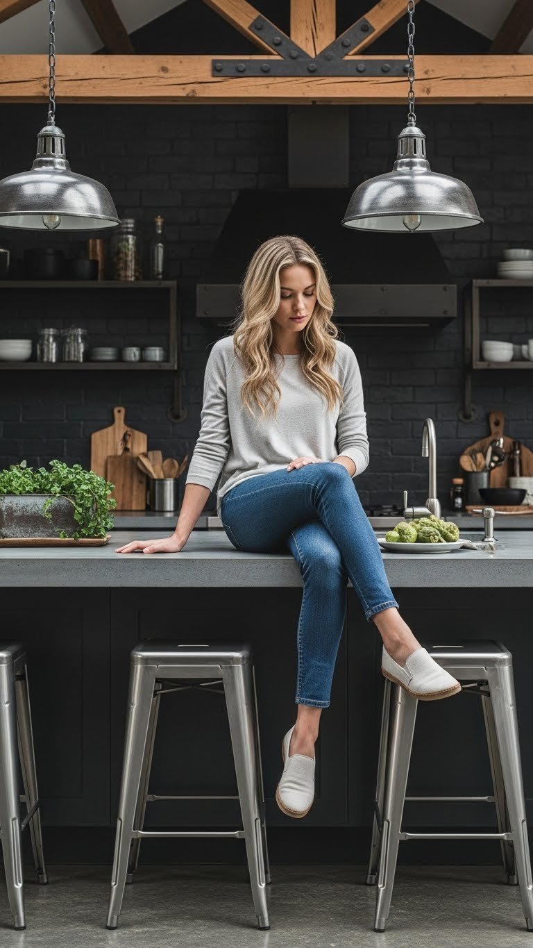 Industrial rustic kitchen with vaulted ceiling, exposed wood beams, concrete countertops, and Edison bulb pendant lighting.