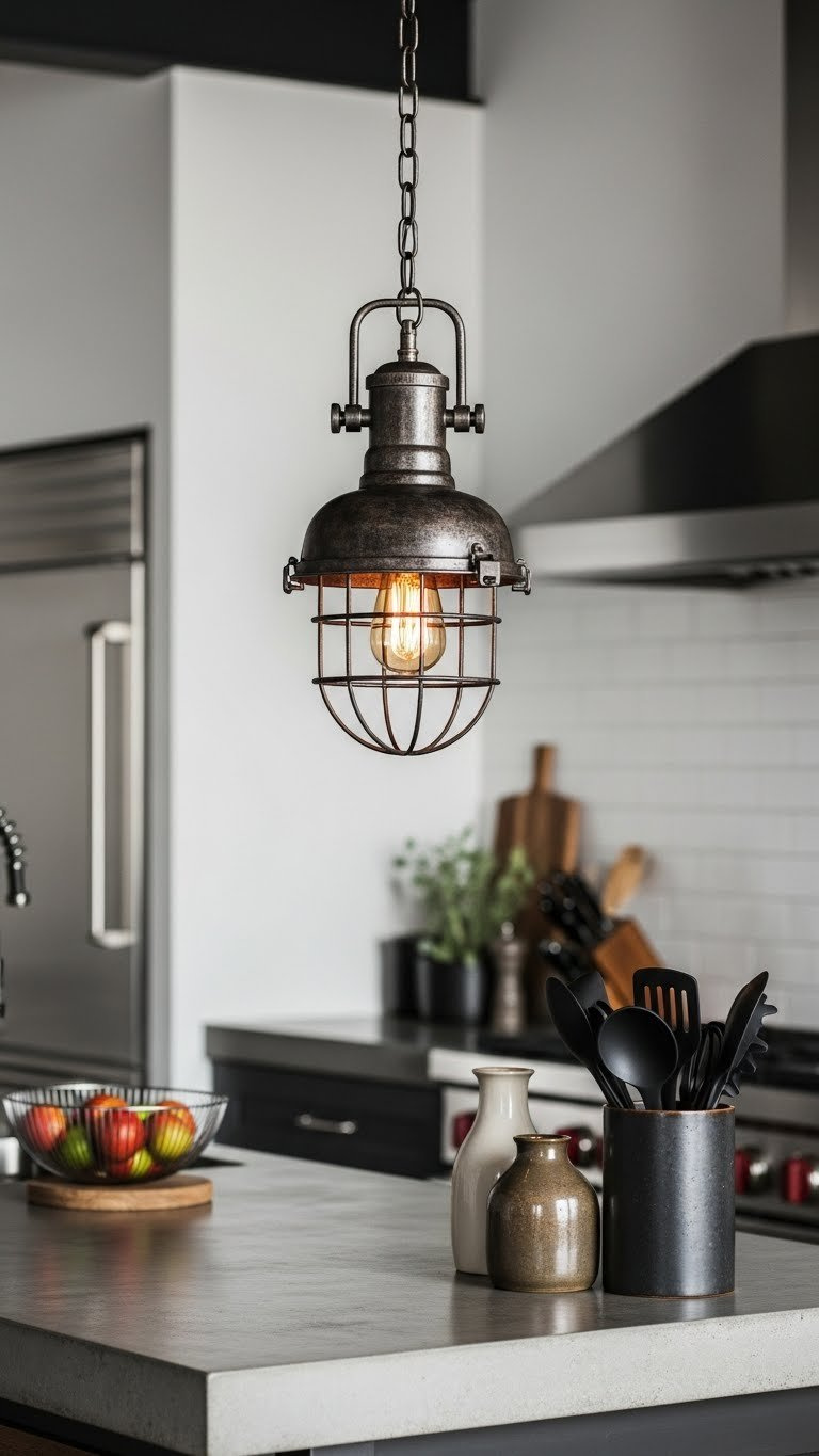 Industrial rustic pendant light with dark metal cage and exposed Edison bulb over polished concrete kitchen island