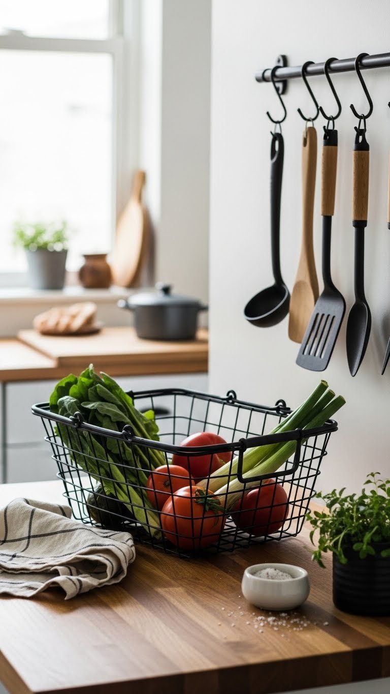 Industrial-style kitchen mixing black metal wire basket with fresh produce on warm butcher block countertop.