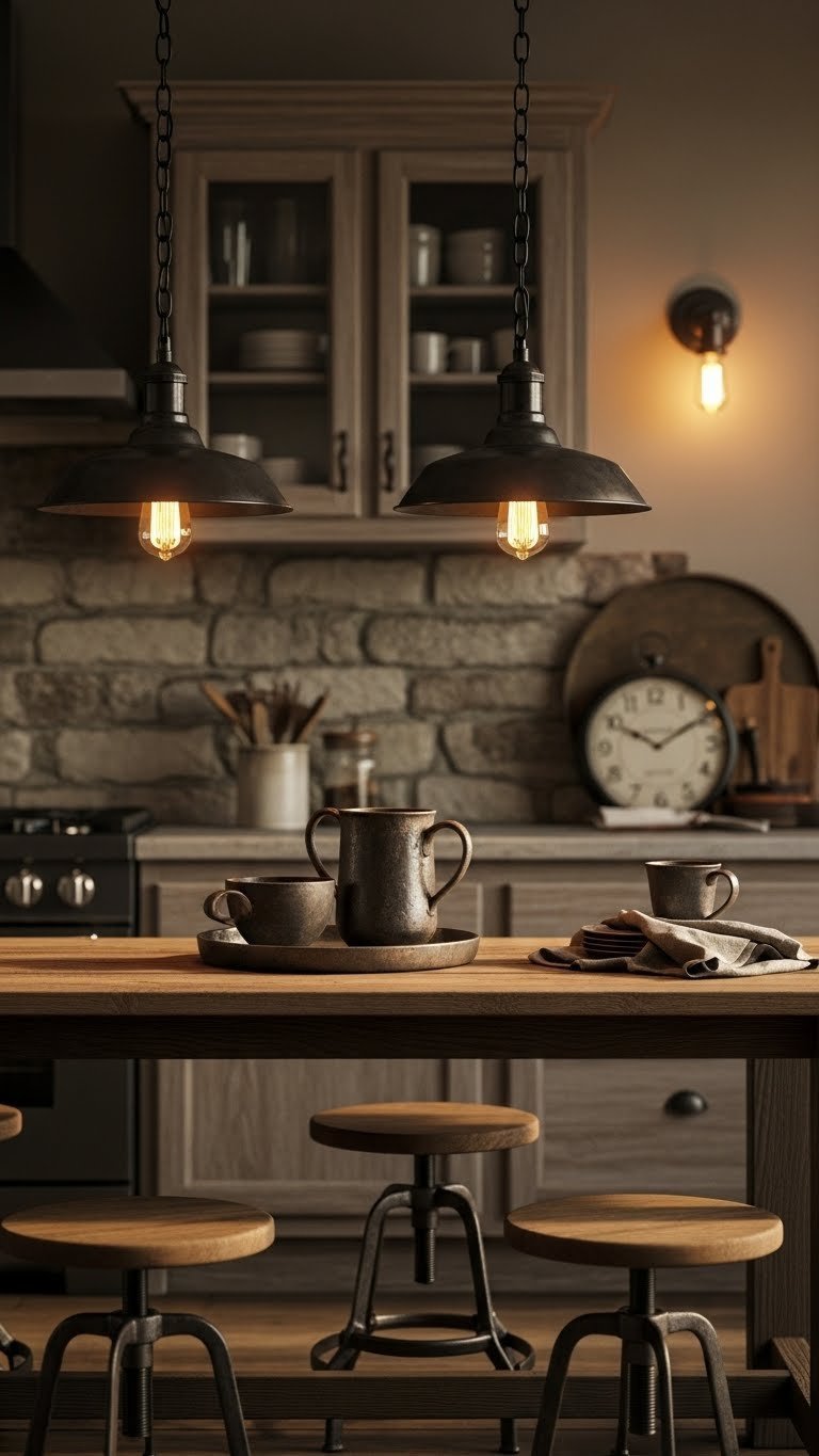 Industrial-style pendant lighting fixtures hanging over rustic kitchen island with metal accents