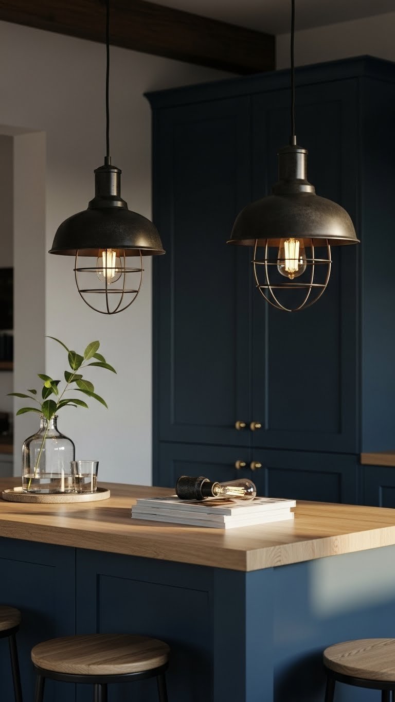Industrial-style pendant lights hanging above navy blue kitchen island with exposed bulb details