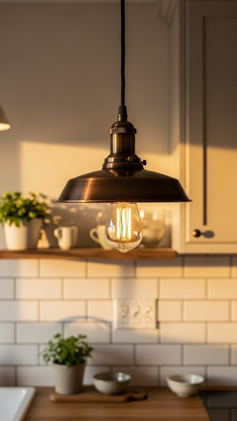 Industrial-vintage pendant light with aged bronze finish hanging above kitchen island