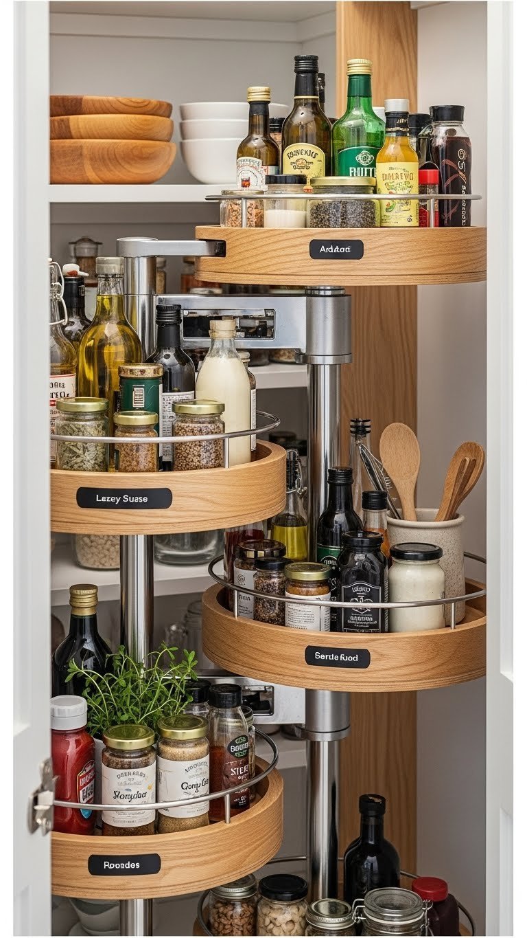 Ingenious walk-in pantry corner with multiple lazy Susans and rotating shelves, organizing spices, oils, and condiments for easy access.