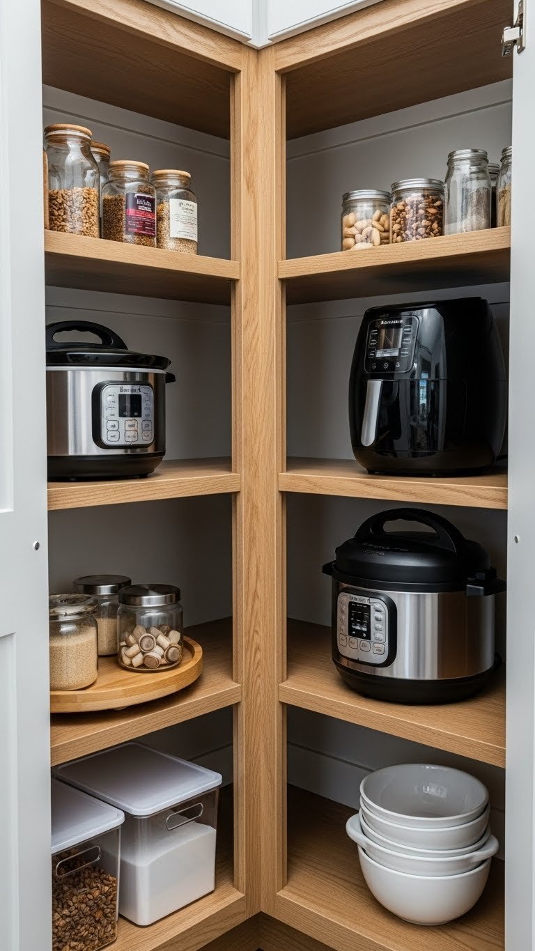 9 Smart Kitchen Pantry Ideas For Appliance Storage 13 Ingeniously organized corner kitchen pantry efficiently stores bulky gadgets like a slow cooker, air fryer, and Instant Pot on wooden shelves.