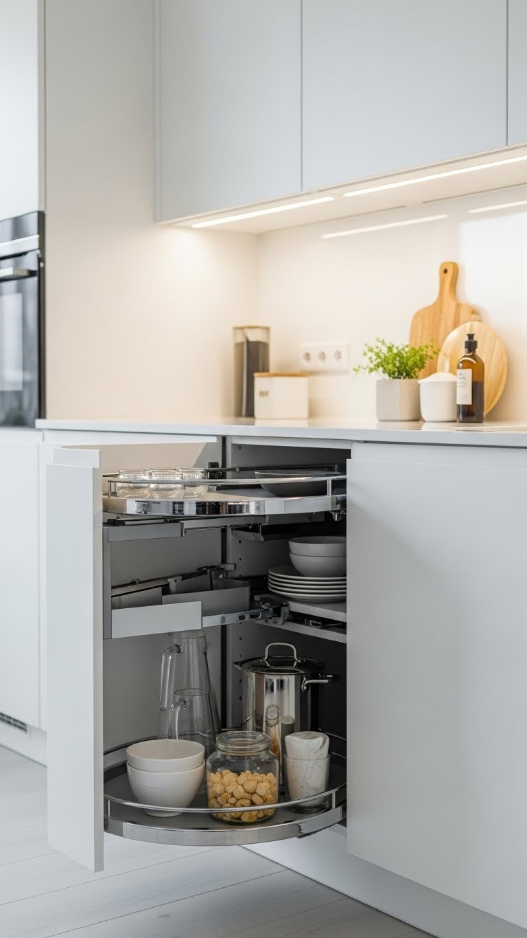 Innovative corner storage solutions in small open-plan kitchen with pull-out magic corner unit