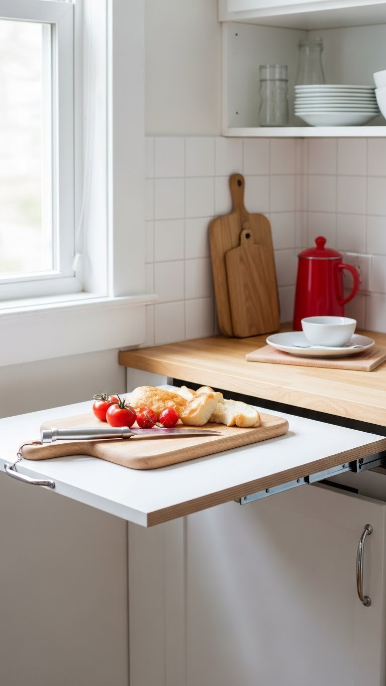 Innovative multi-functional work surface with pull-out cutting board in compact 1950s kitchen design