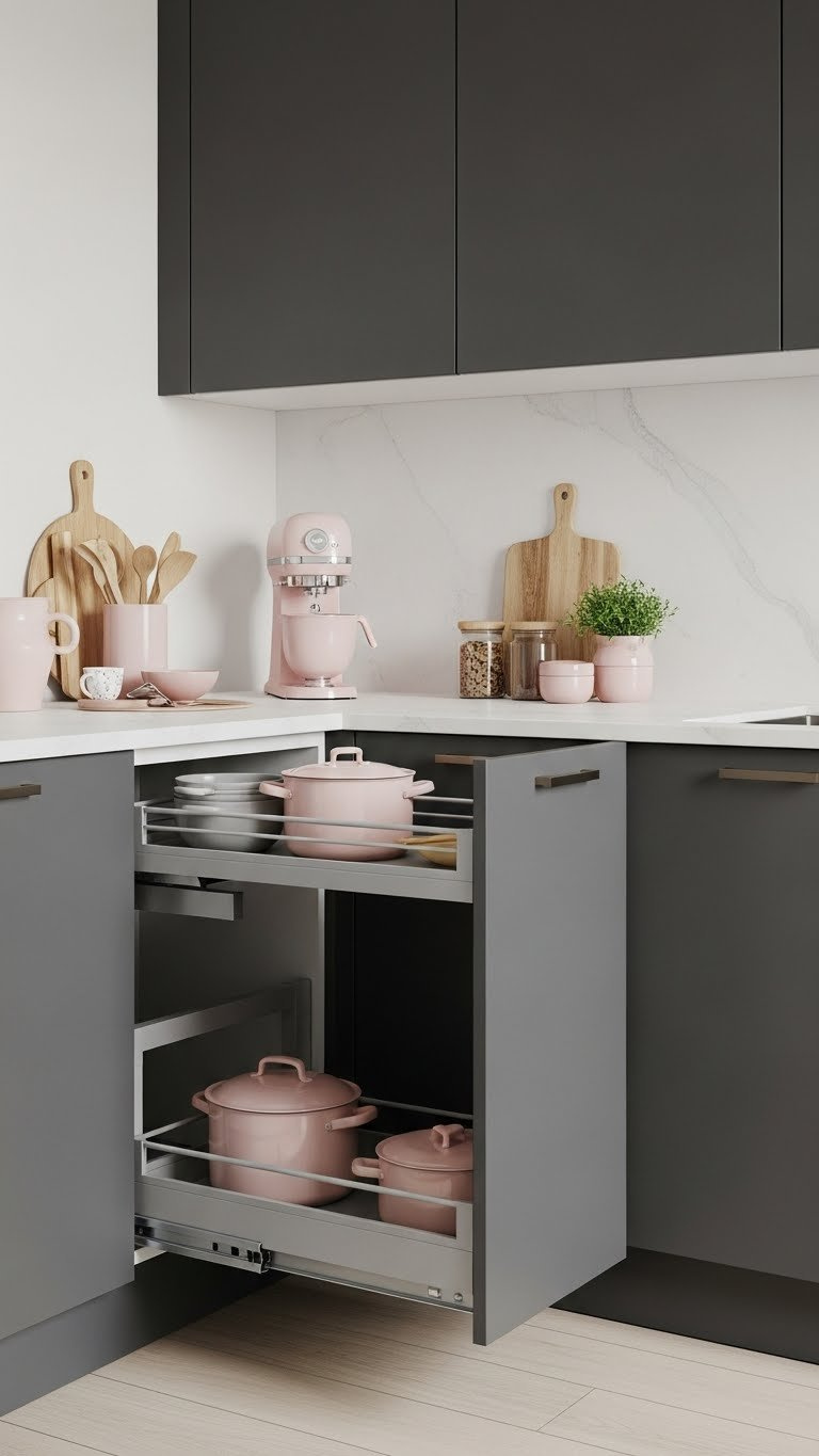 European Small Kitchen: 7 Smart Ideas For Ultimate Organization 11 Innovative smart corner cabinet pull-out system in European kitchen revealing pots and pans with elegant gliding mechanism