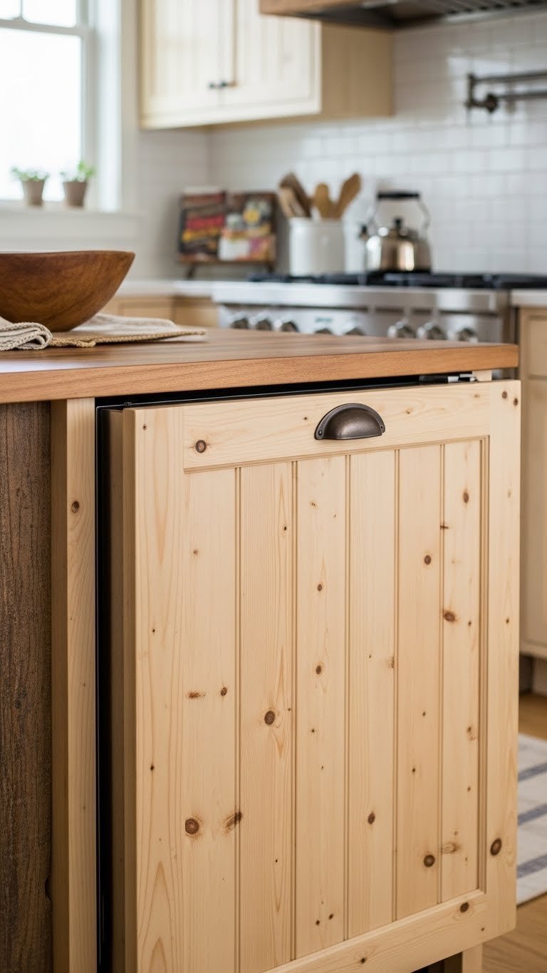 Integrated appliance panels seamlessly hidden behind custom knotty pine rustic kitchen cabinet fronts