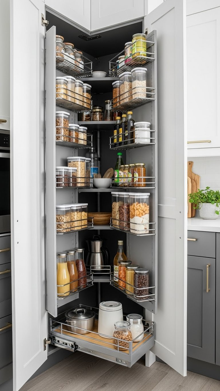 Integrated corner pantry solution with Lazy Susan organizer efficiently utilizing awkward kitchen corner space.
