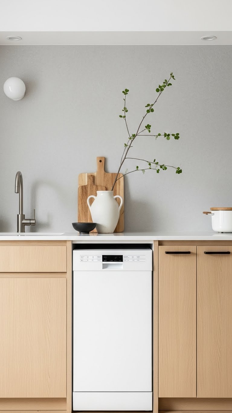 Integrated dishwasher hidden behind handleless cabinet panels creating seamless Japandi kitchen aesthetic