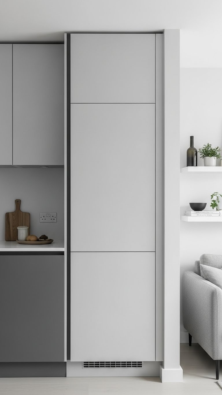 Integrated floor-to-ceiling white kitchen storage with hidden handles, minimalist design in an open living room. Neutral gray and white.