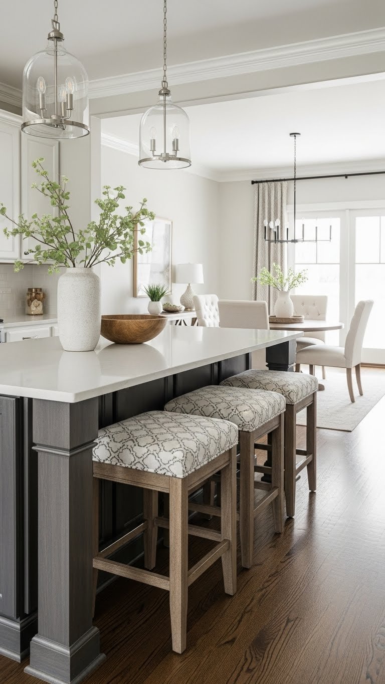 Integrated kitchen island seating with four upholstered low-back bar stools, wooden bases, dark wood flooring. Cozy open concept design.